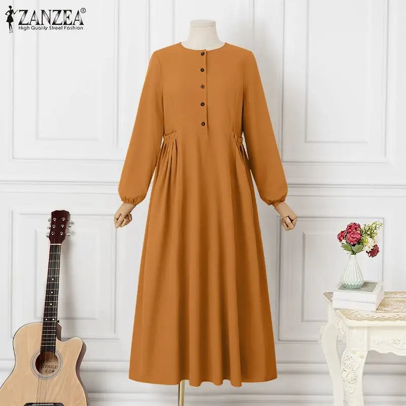 ZANZEA Elegant Long Sleeve Maxi Sundress Kaftan Fashion Muslim Turkey Dress Robe Femme Eid Mubarek Abaya Dubai Long Vestidos
