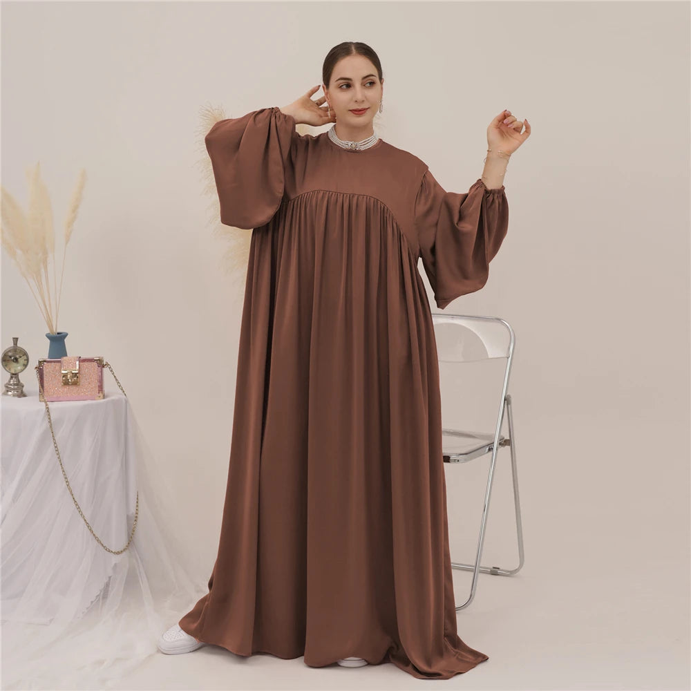 Plain Abaya Muslim Long Dress Women Eid Balloon Sleeve Islamic Robe with Scarf African Dresses Dubai Turkish Modesty Kaftan