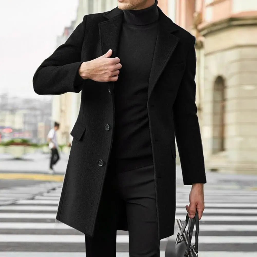 Classic Button-breasted Coat Stylish Men's Winter Suit Coat with Lapel Flap Pockets Single-breasted Mid-length Warm for Cold