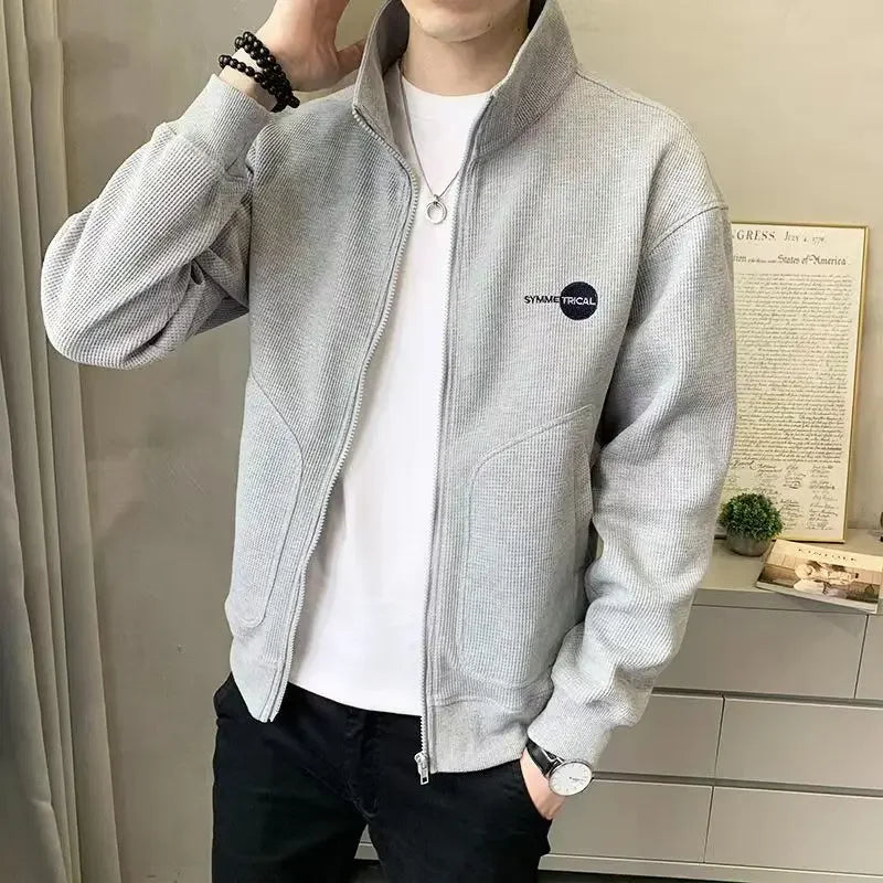 Sweatshirts for Man Pullover Top Full Zip Up Men's Clothing Embroidered Hoodieless Fleeced Black Cotton Harajuku Fashion Autumn