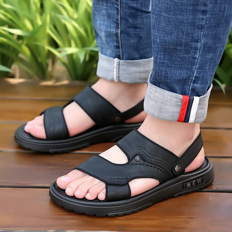 Men's Sandals Lightweight Non Slip Genuine Leather High Quality Casual Fashion Shoes Classic Black Beach Slippers for Men