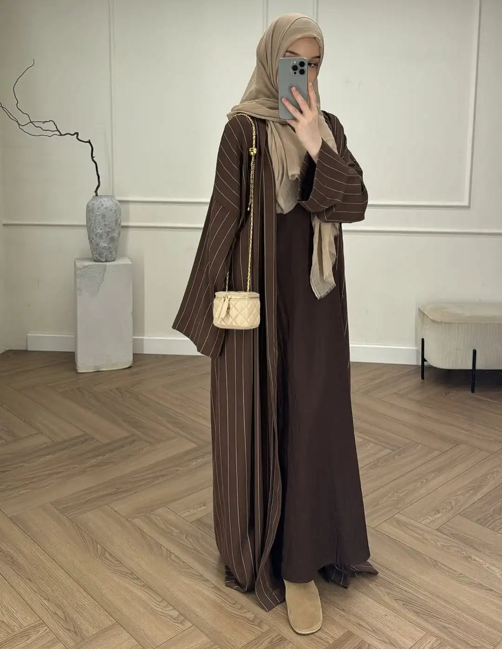 Middle Eastern Muslim Fashion Women's Long-Sleeved Loose Striped Cardigan Robe Abaya