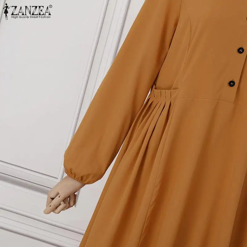 ZANZEA Elegant Long Sleeve Maxi Sundress Kaftan Fashion Muslim Turkey Dress Robe Femme Eid Mubarek Abaya Dubai Long Vestidos