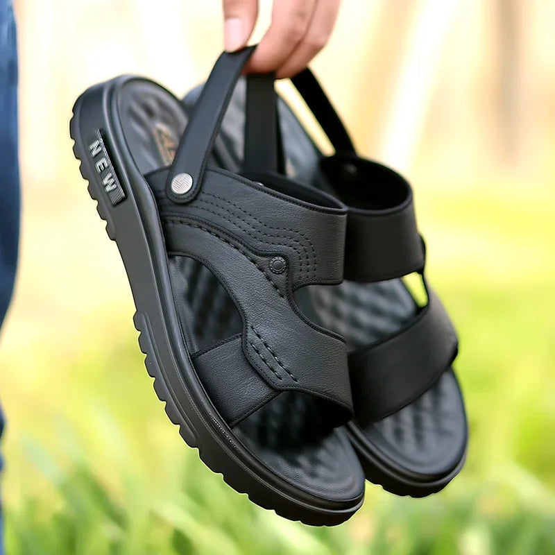Men's Sandals Lightweight Non Slip Genuine Leather High Quality Casual Fashion Shoes Classic Black Beach Slippers for Men