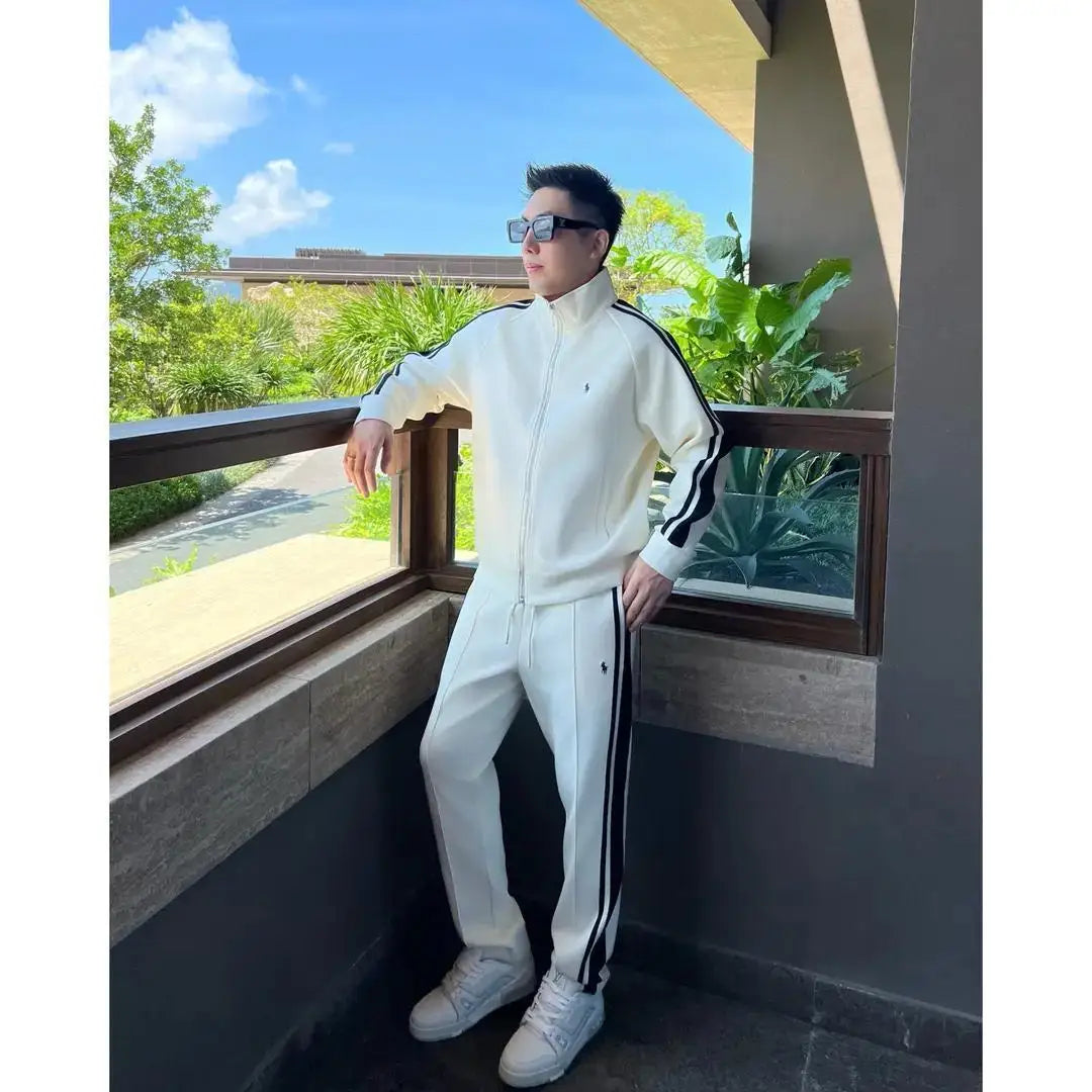 New Trendy Stand Up Collar Sports Suit Two-piece Men's Light Luxury Casual Fashion Striped Men's Suit