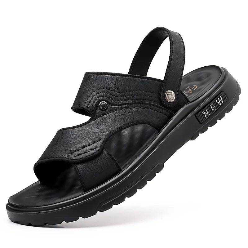 Men's Sandals Lightweight Non Slip Genuine Leather High Quality Casual Fashion Shoes Classic Black Beach Slippers for Men