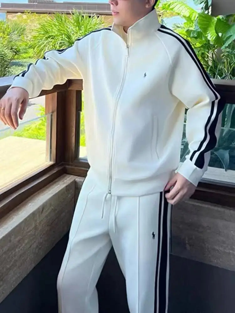 New Trendy Stand Up Collar Sports Suit Two-piece Men's Light Luxury Casual Fashion Striped Men's Suit