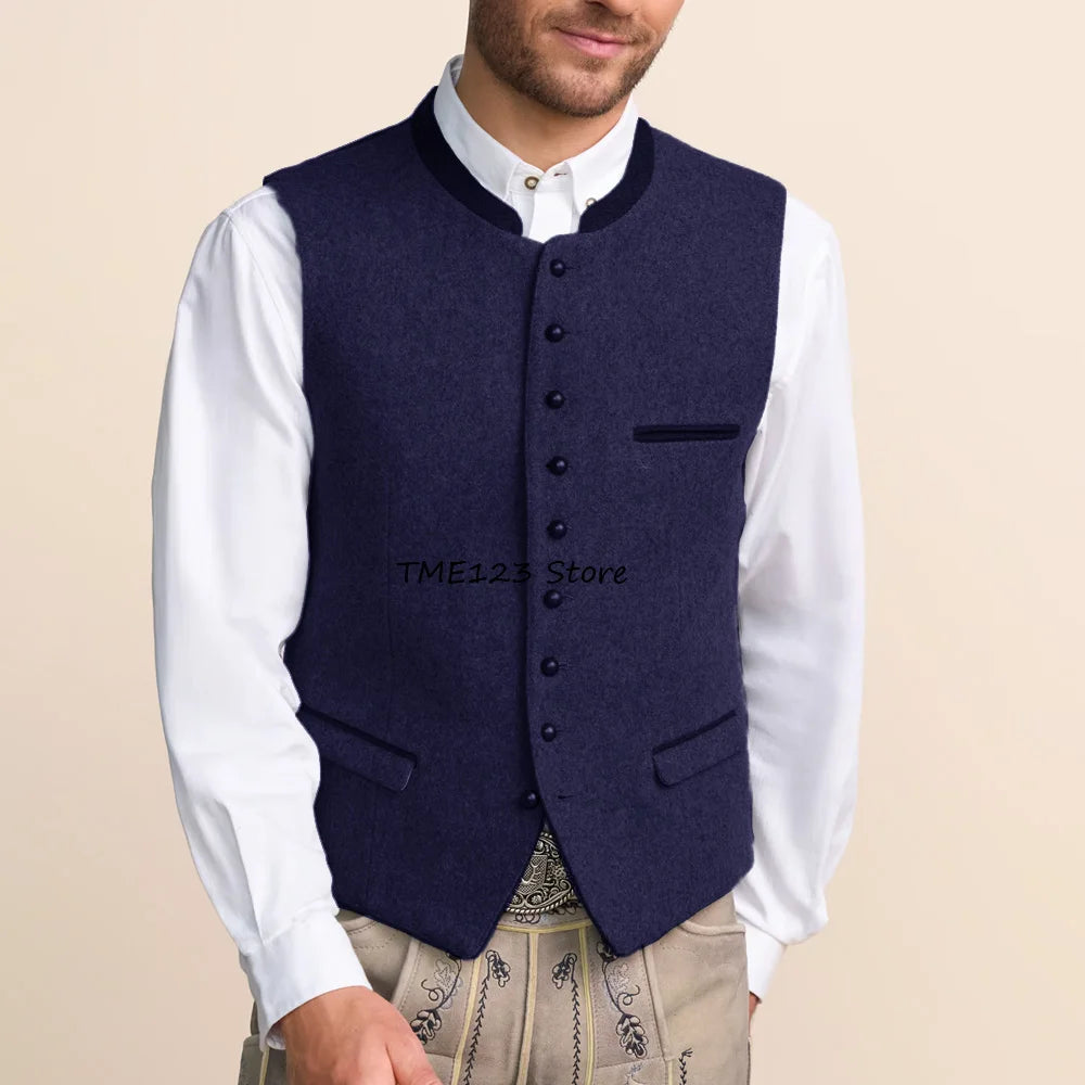 Men's Vest Single-breasted Stylish Stand-up Collar Fashion Suit Wool Fabric Flap Pockets Working Vintage Suits Blazer Clothing