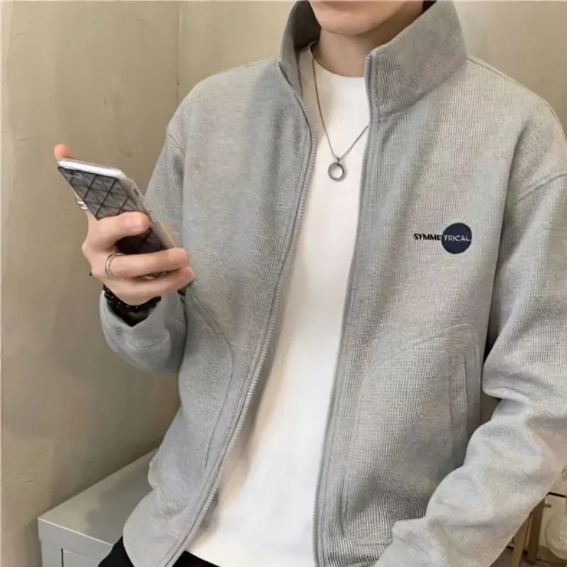 Sweatshirts for Man Pullover Top Full Zip Up Men's Clothing Embroidered Hoodieless Fleeced Black Cotton Harajuku Fashion Autumn