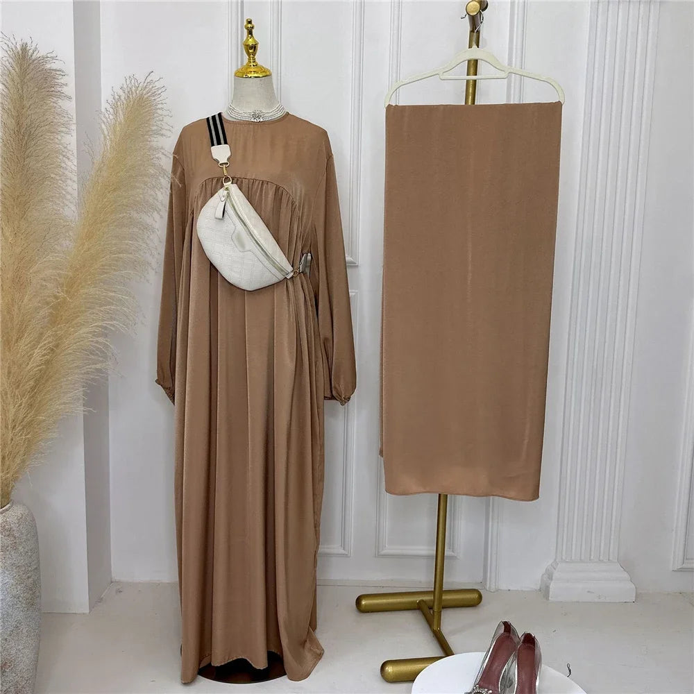 Plain Abaya Muslim Long Dress Women Eid Balloon Sleeve Islamic Robe with Scarf African Dresses Dubai Turkish Modesty Kaftan