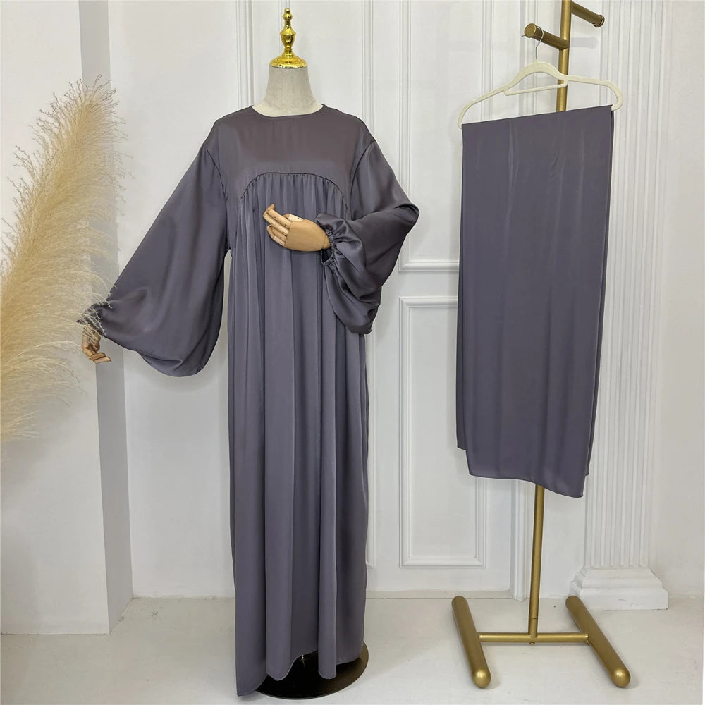 Plain Abaya Muslim Long Dress Women Eid Balloon Sleeve Islamic Robe with Scarf African Dresses Dubai Turkish Modesty Kaftan