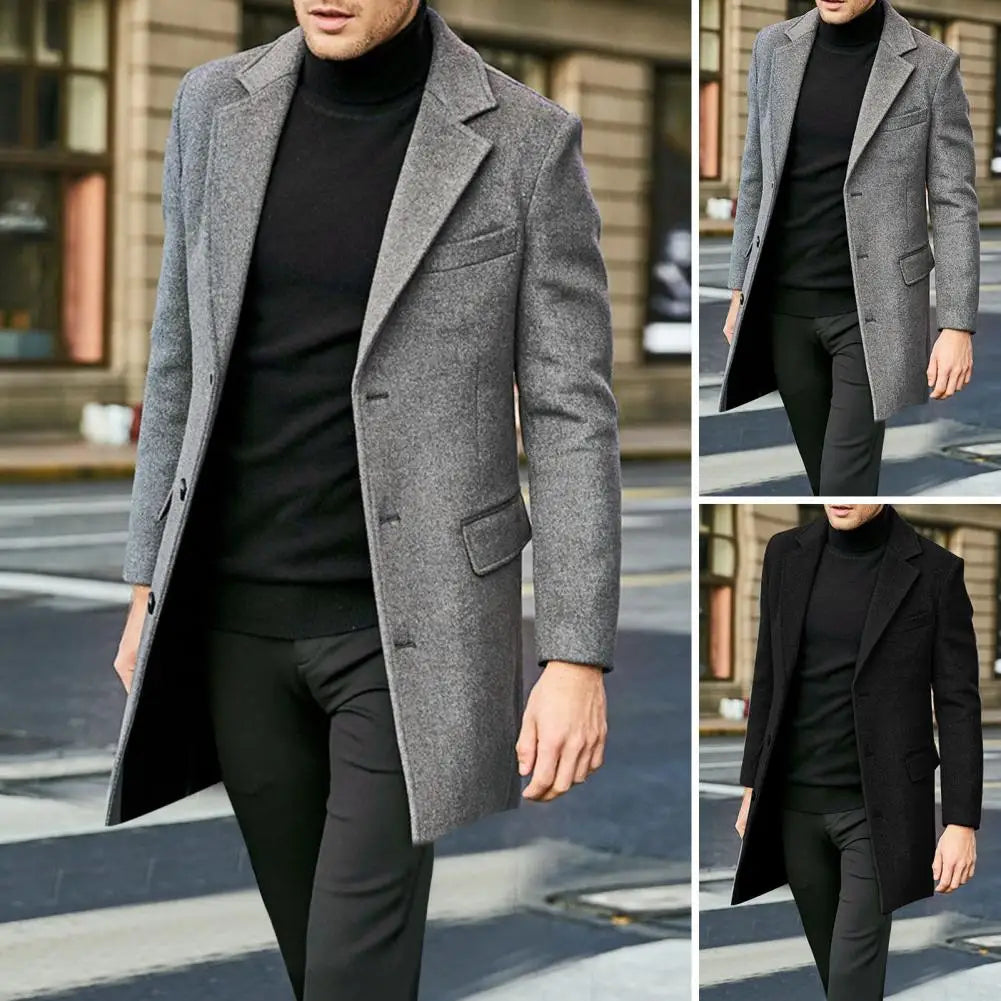 Classic Button-breasted Coat Stylish Men's Winter Suit Coat with Lapel Flap Pockets Single-breasted Mid-length Warm for Cold