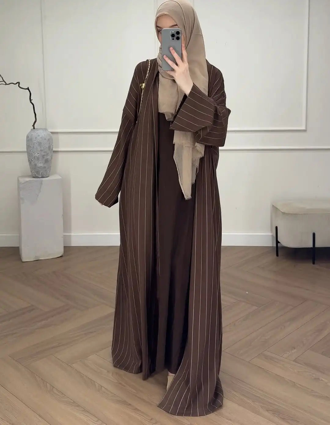 Middle Eastern Muslim Fashion Women's Long-Sleeved Loose Striped Cardigan Robe Abaya