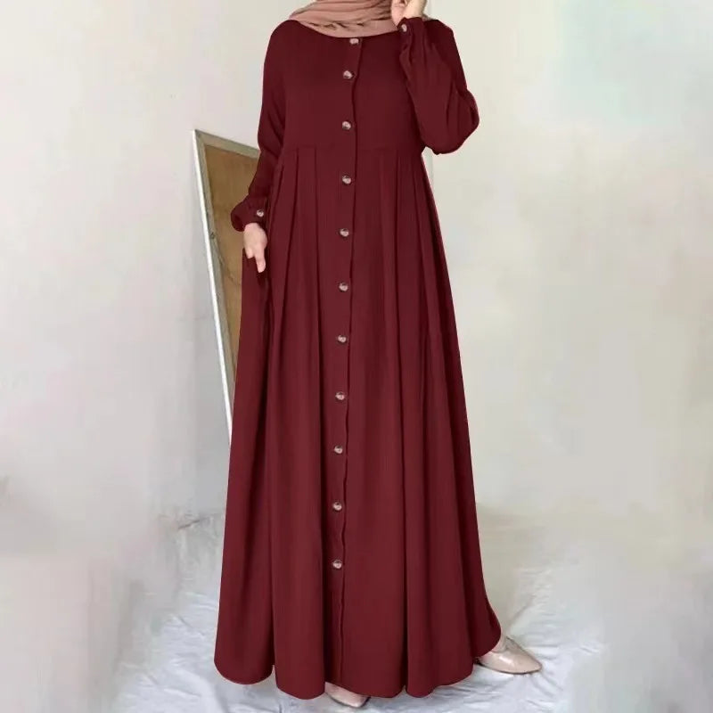 Women Muslim Dubai Abaya Turkey Hijab Dress Turkey Autumn Long Sleeve Buttons Down Sundress Islam Clothing Abayas Maxi Vestidos