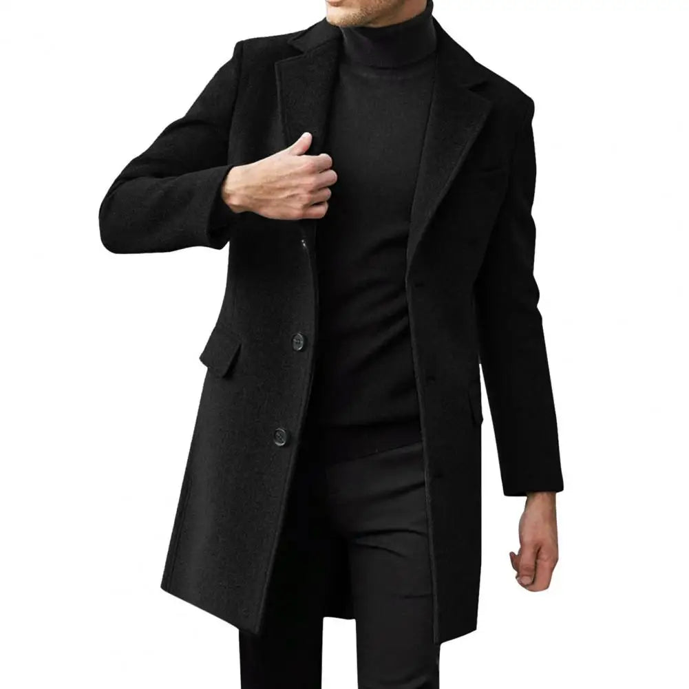 Classic Button-breasted Coat Stylish Men's Winter Suit Coat with Lapel Flap Pockets Single-breasted Mid-length Warm for Cold
