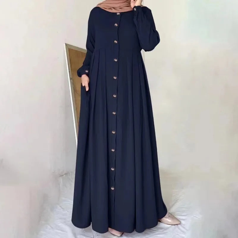 Women Muslim Dubai Abaya Turkey Hijab Dress Turkey Autumn Long Sleeve Buttons Down Sundress Islam Clothing Abayas Maxi Vestidos