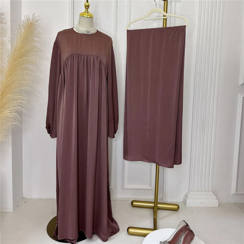 Plain Abaya Muslim Long Dress Women Eid Balloon Sleeve Islamic Robe with Scarf African Dresses Dubai Turkish Modesty Kaftan