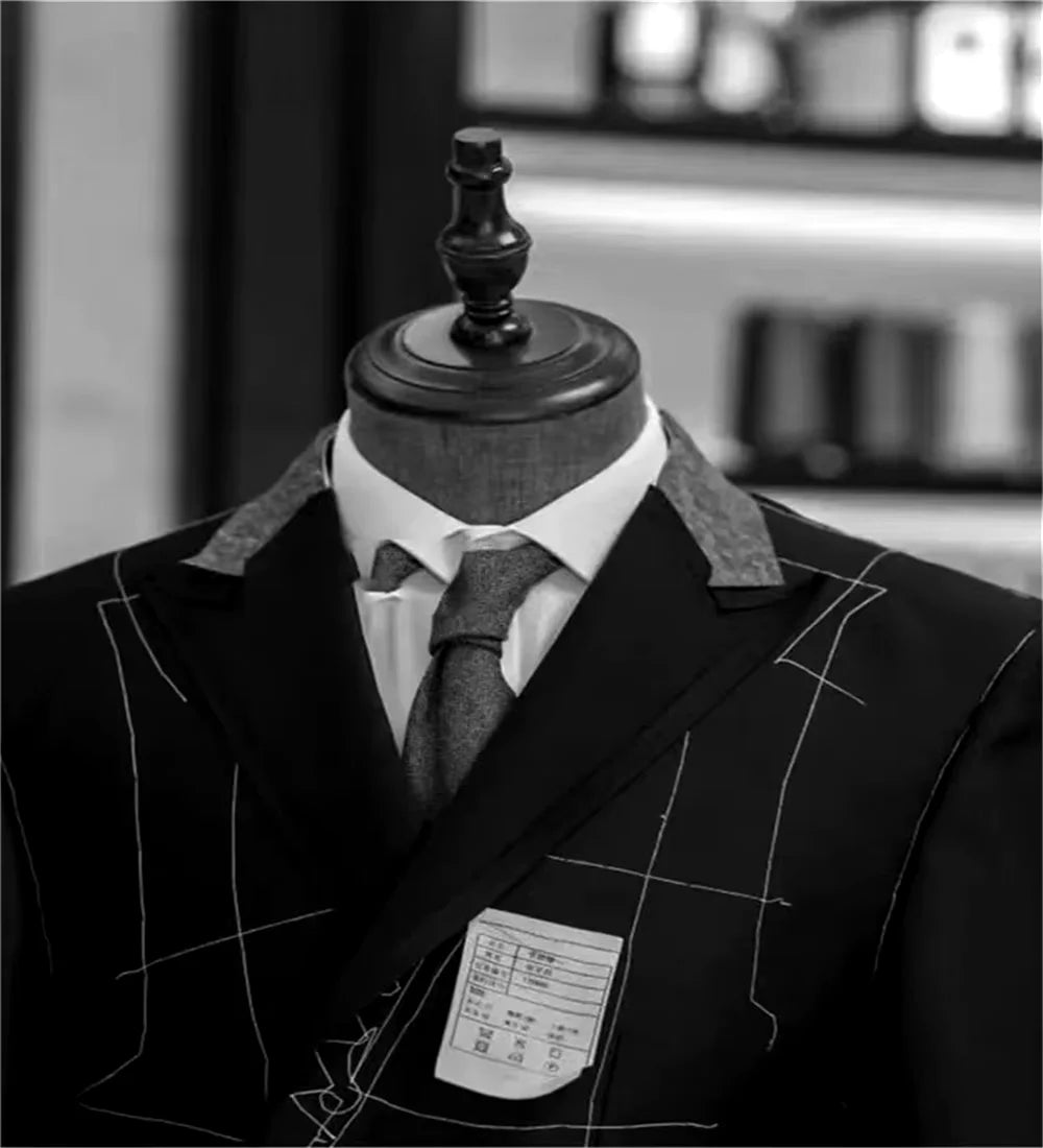 Autumn And Winter Men Wool Brown Houndstooth Overcoat Double-breasted Peak Lapel Warm Long Coat Formal Men Clothing