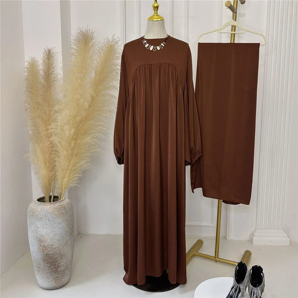 Plain Abaya Muslim Long Dress Women Eid Balloon Sleeve Islamic Robe with Scarf African Dresses Dubai Turkish Modesty Kaftan