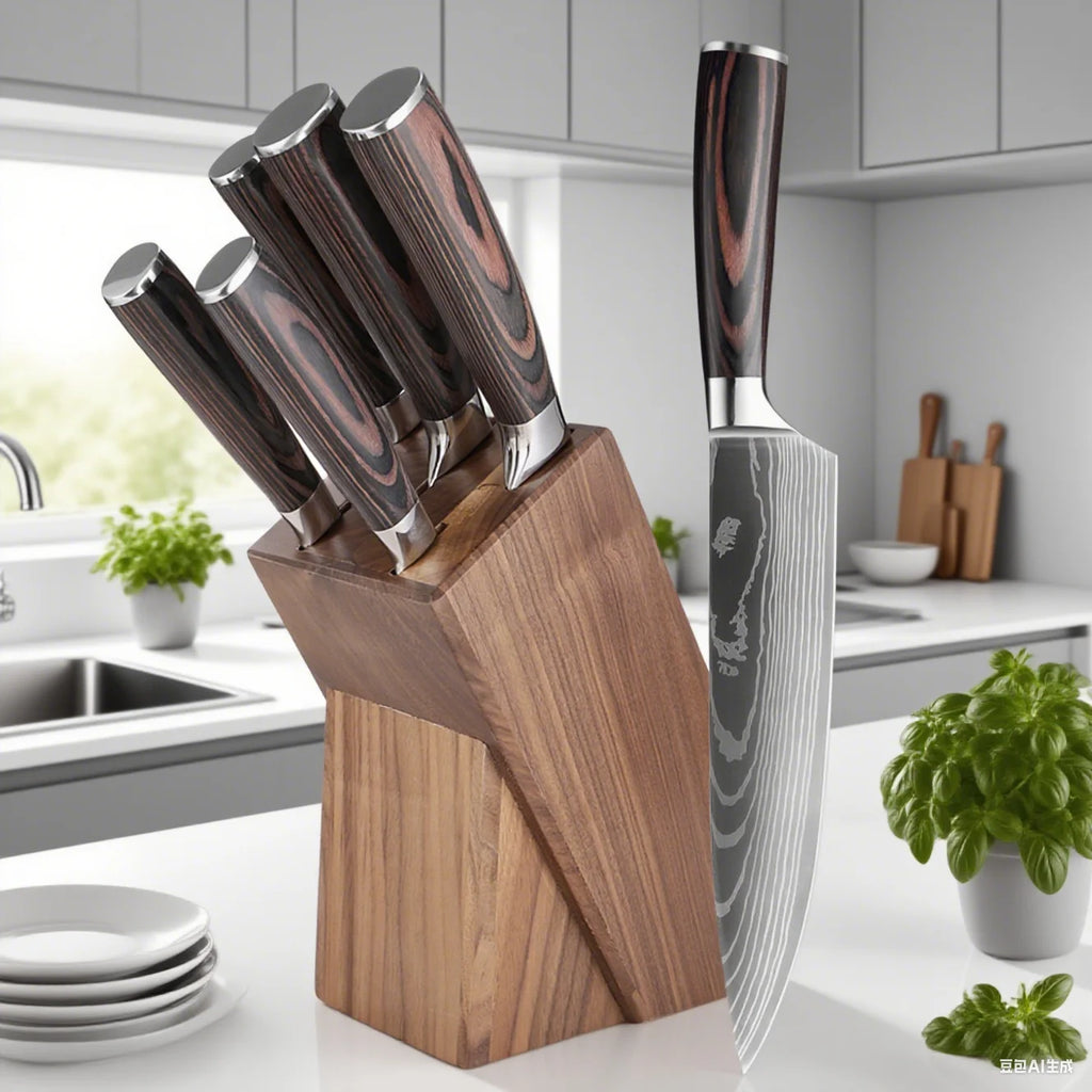 Kitchen Knife 6PCS Set Stainless Steel ,Includes Chef's Knife, Bread , Boning Knife, Fruit Knife, with Solid Wood Knife Holder