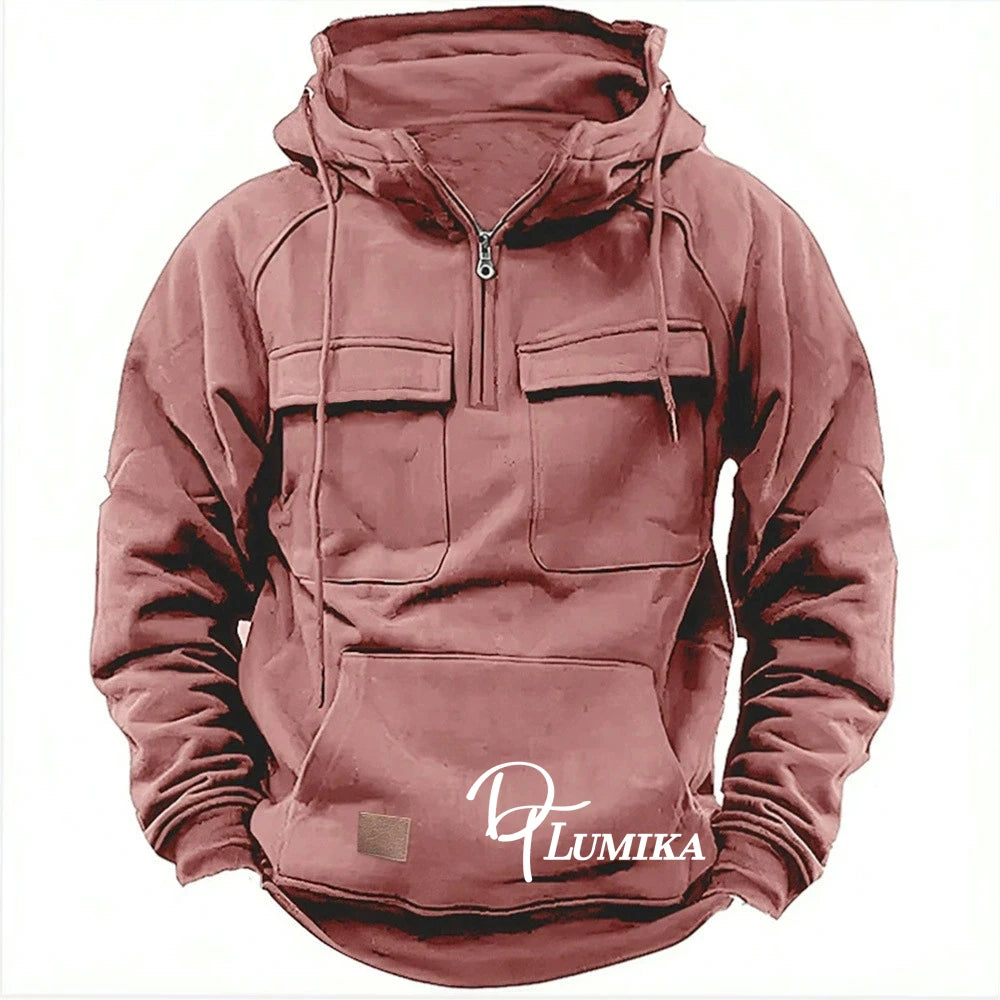 Men's Outdoor Fleece Hoodie, Half-Zip Pullover with Multiple Pockets, Casual Warm Sweatshirt for Hiking & Daily Wear