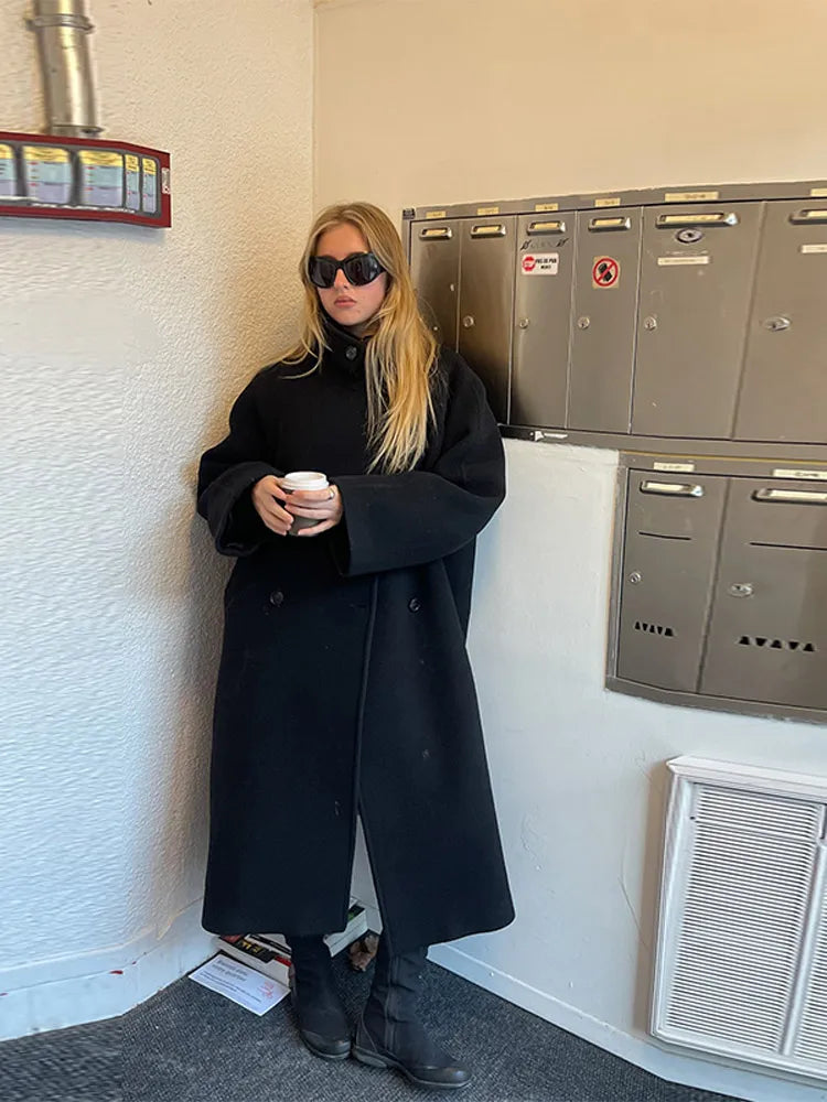 Fashion Women Woolen Long Coat Lapel Double Breasted Long Sleeve Overcoat 2025 Autumn Winter New High Street Lady Outerwear