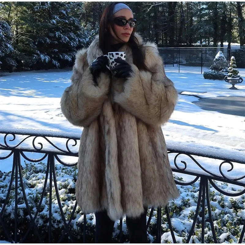 Winter Women Luxury Faux Fur Coats Fashion Long Sleeve Lapel High Street Oversize Jackets Chic New Thick Warm Ladies Outerwears