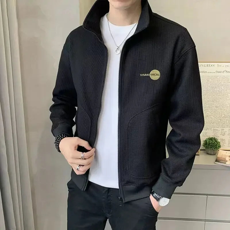 Sweatshirts for Man Pullover Top Full Zip Up Men's Clothing Embroidered Hoodieless Fleeced Black Cotton Harajuku Fashion Autumn