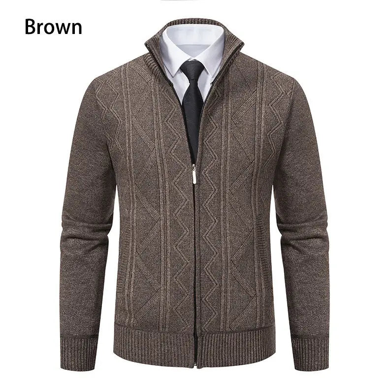 New Autumn Winter Men's Fashion Zip Up Knitted Sweater Casual Thickened Stand Collar Cardigan Jacket Trendy Outerwear