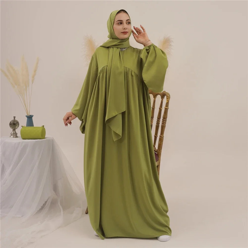 Plain Abaya Muslim Long Dress Women Eid Balloon Sleeve Islamic Robe with Scarf African Dresses Dubai Turkish Modesty Kaftan