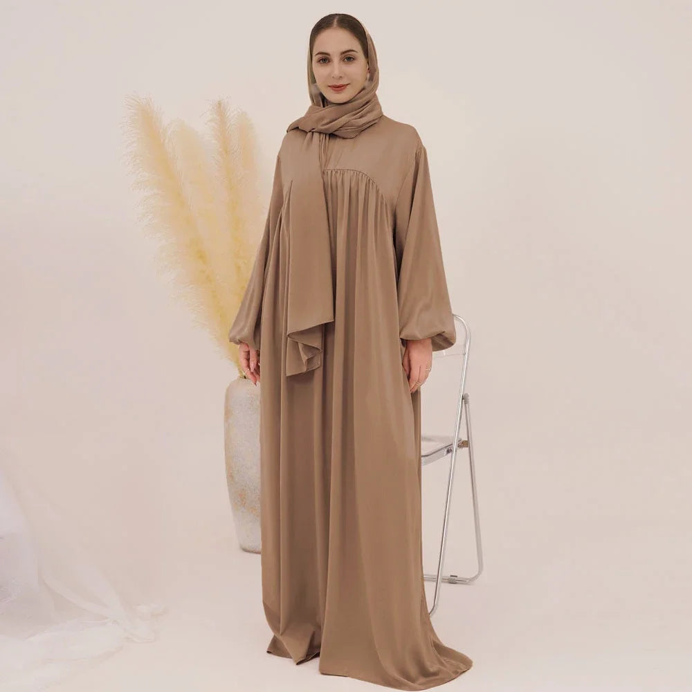 Plain Abaya Muslim Long Dress Women Eid Balloon Sleeve Islamic Robe with Scarf African Dresses Dubai Turkish Modesty Kaftan