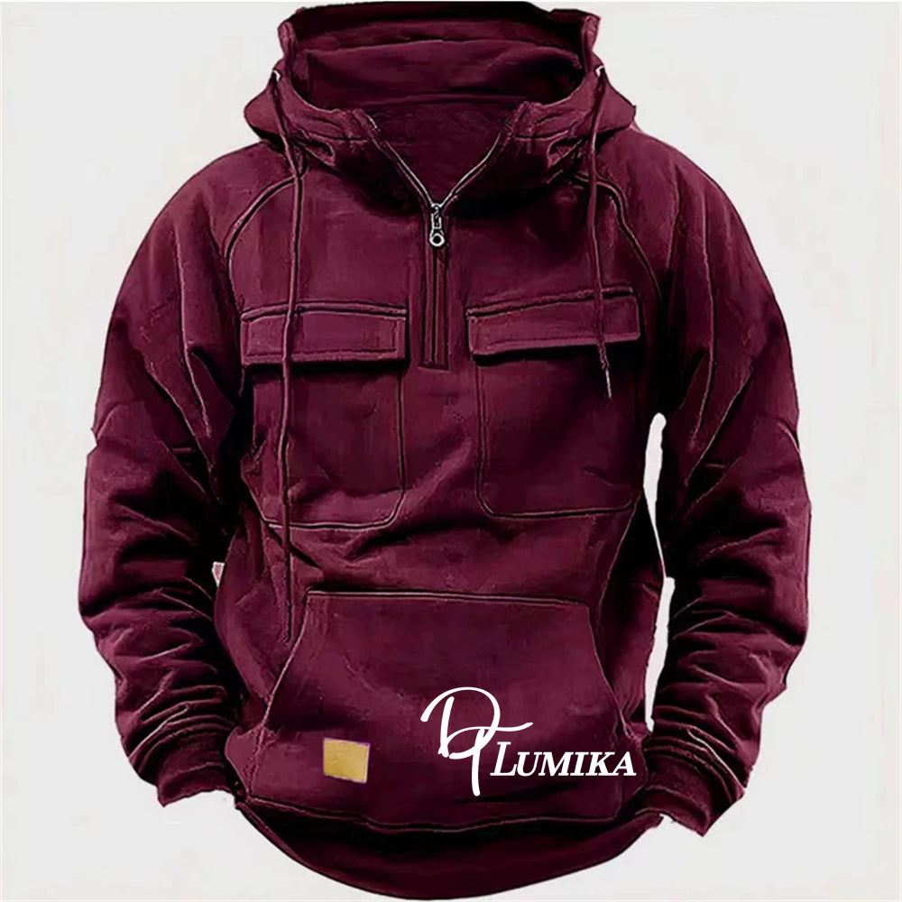 Men's Outdoor Fleece Hoodie, Half-Zip Pullover with Multiple Pockets, Casual Warm Sweatshirt for Hiking & Daily Wear