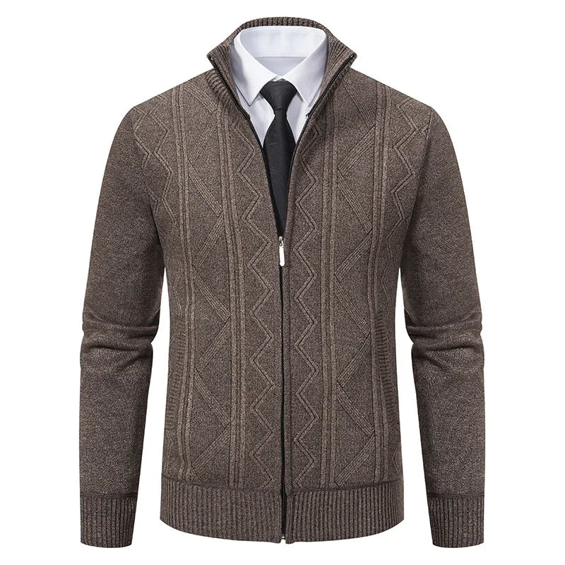 New Autumn Winter Men's Fashion Zip Up Knitted Sweater Casual Thickened Stand Collar Cardigan Jacket Trendy Outerwear