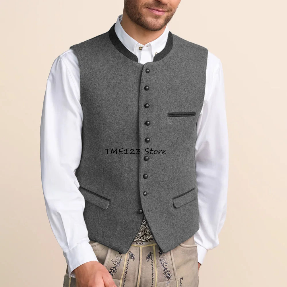 Men's Vest Single-breasted Stylish Stand-up Collar Fashion Suit Wool Fabric Flap Pockets Working Vintage Suits Blazer Clothing