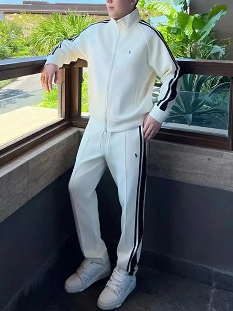 New Trendy Stand Up Collar Sports Suit Two-piece Men's Light Luxury Casual Fashion Striped Men's Suit