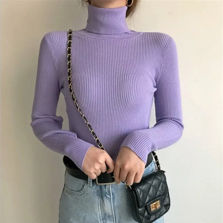 Elegant Turtleneck Women's Sweater Autumn Winter Pullover Slim Bottoming Knitted Tops Casual Long Sleeve Jumper Pull Femme