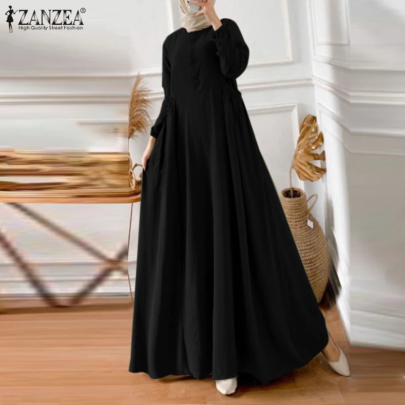 ZANZEA Elegant Long Sleeve Maxi Sundress Kaftan Fashion Muslim Turkey Dress Robe Femme Eid Mubarek Abaya Dubai Long Vestidos