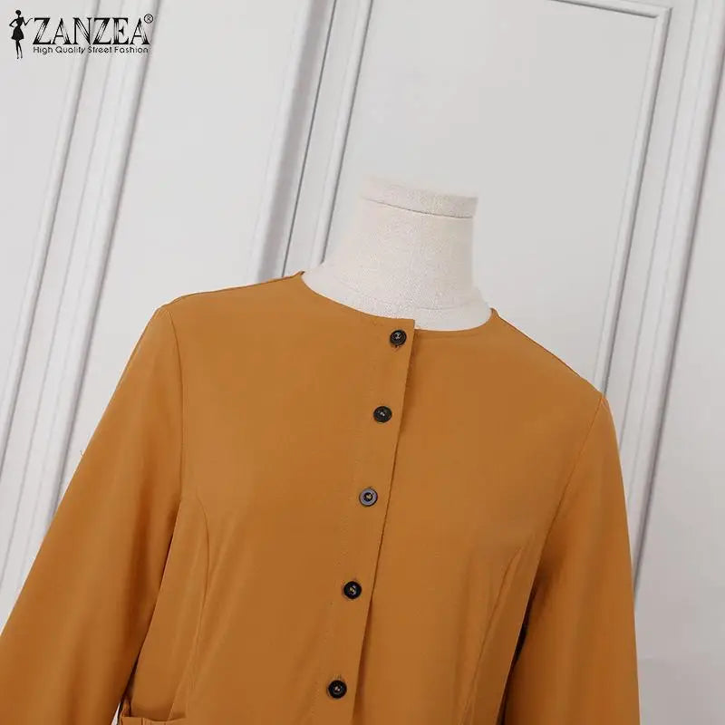 ZANZEA Elegant Long Sleeve Maxi Sundress Kaftan Fashion Muslim Turkey Dress Robe Femme Eid Mubarek Abaya Dubai Long Vestidos