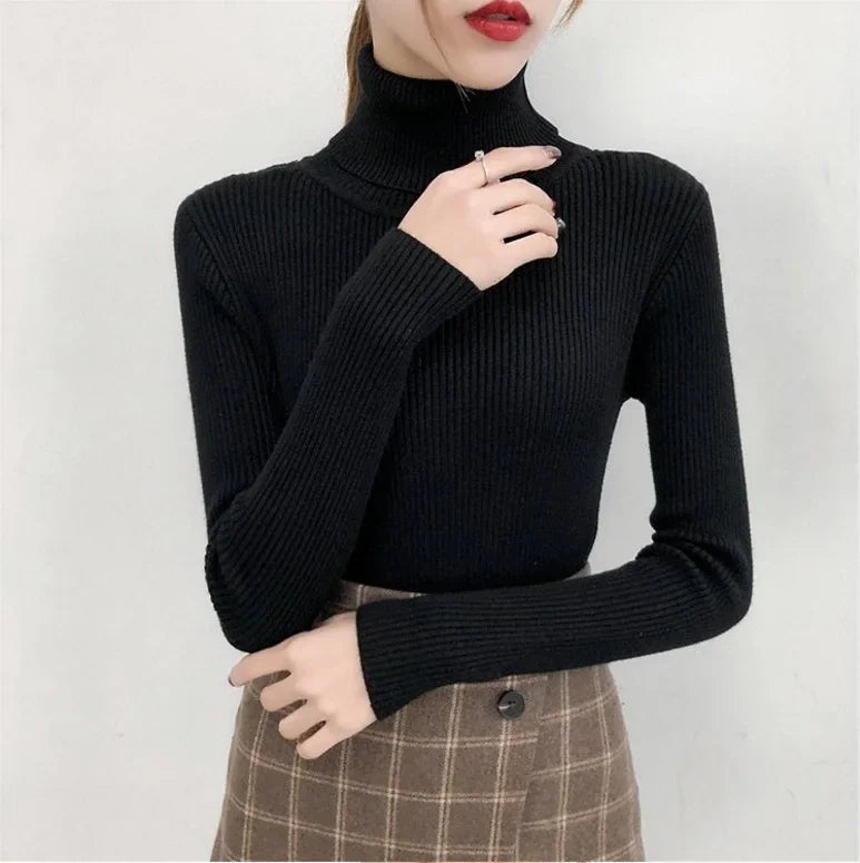 Elegant Turtleneck Women's Sweater Autumn Winter Pullover Slim Bottoming Knitted Tops Casual Long Sleeve Jumper Pull Femme