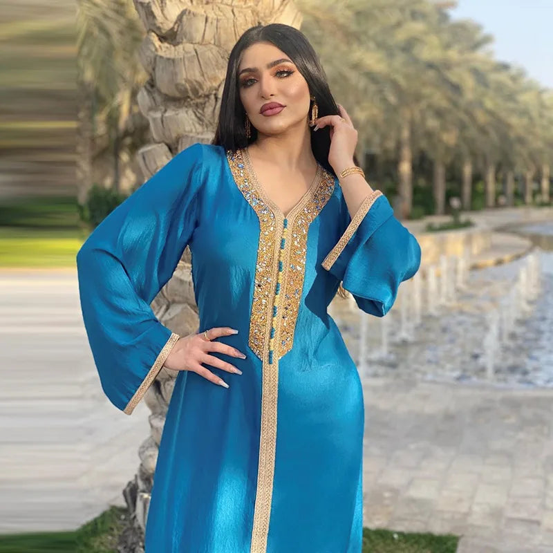 Eid Satin Abaya Dubai Jalabiya Muslim Dress Turkey Islam Robe Longue Djelaba Femme Musulman Dresses for Women Kaftan Marocain