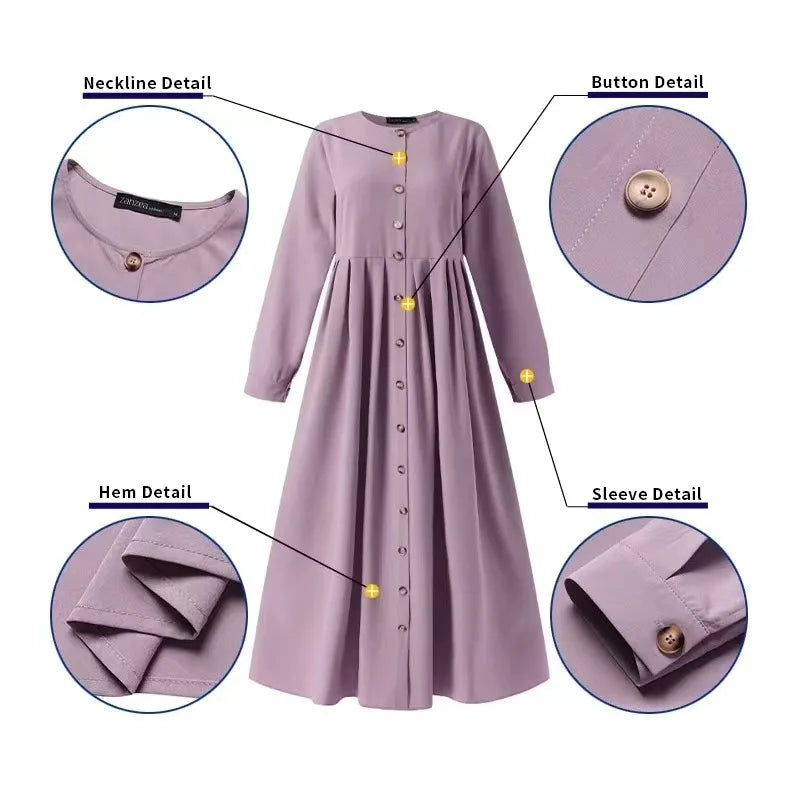 Women Muslim Dubai Abaya Turkey Hijab Dress Turkey Autumn Long Sleeve Buttons Down Sundress Islam Clothing Abayas Maxi Vestidos