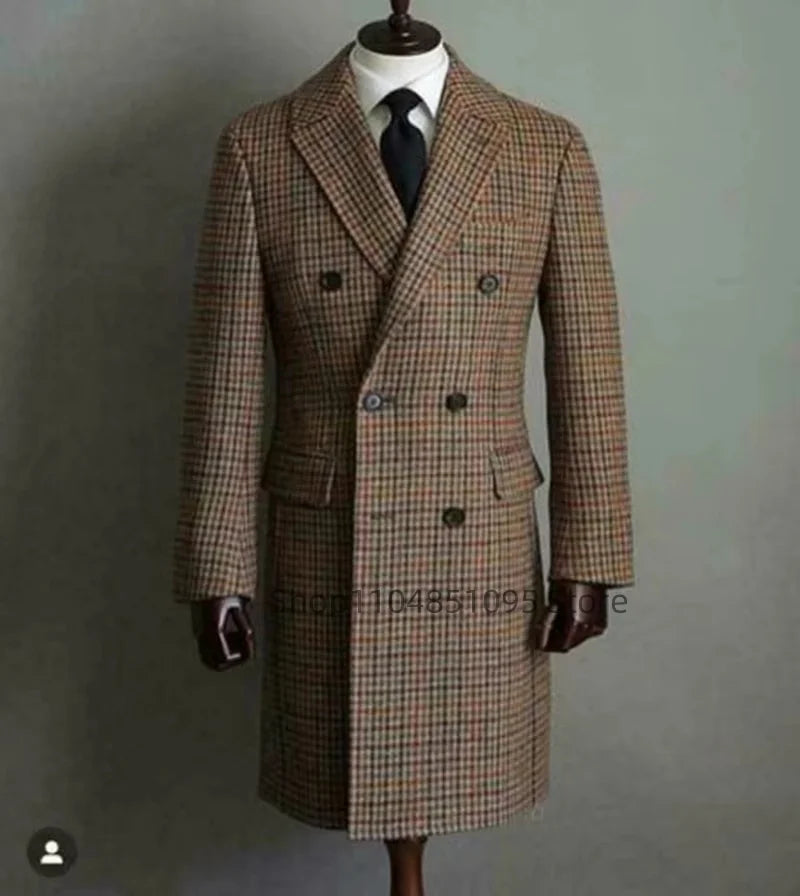 Autumn And Winter Men Wool Brown Houndstooth Overcoat Double-breasted Peak Lapel Warm Long Coat Formal Men Clothing