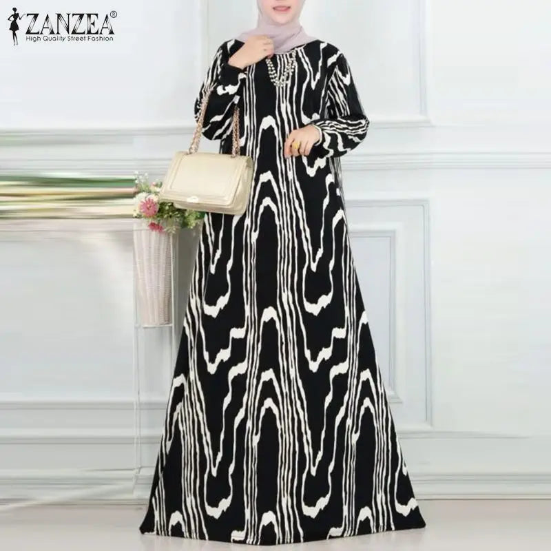 Women Vintage Long Sleeve Muslim Dress Abaya ZANZEA Bohemain Printed Sundress Fashion Robe Femme Elegant Loose Vestidos Kaftan