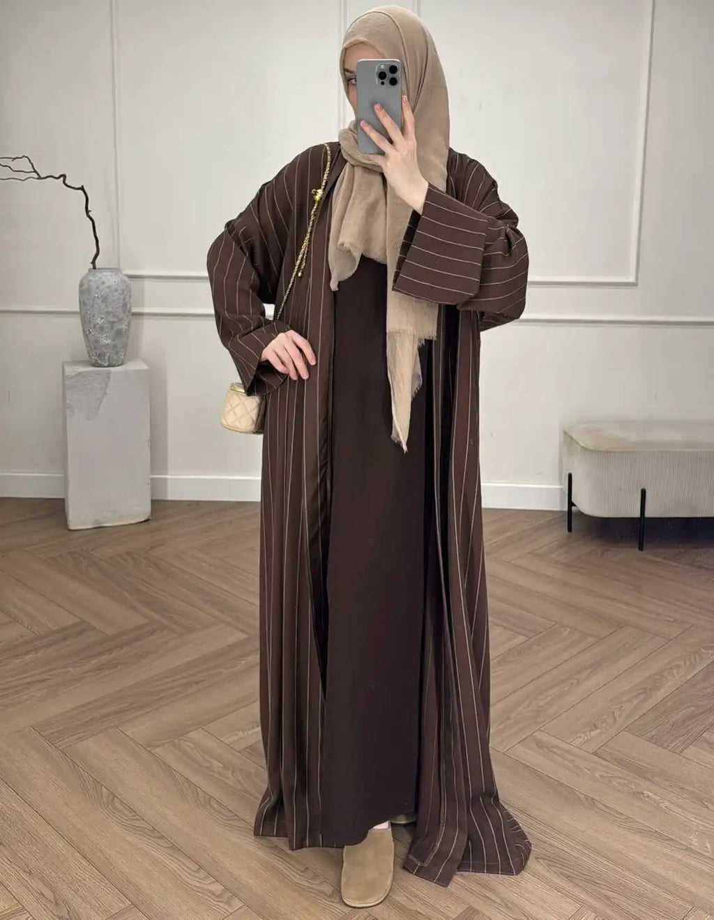Middle Eastern Muslim Fashion Women's Long-Sleeved Loose Striped Cardigan Robe Abaya