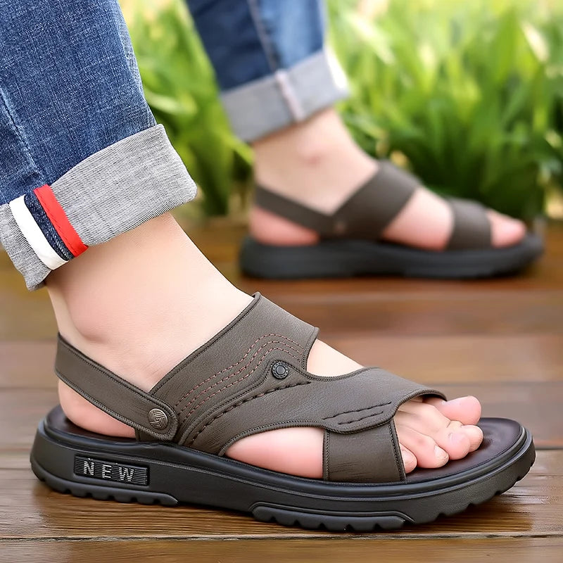 Men's Sandals Lightweight Non Slip Genuine Leather High Quality Casual Fashion Shoes Classic Black Beach Slippers for Men