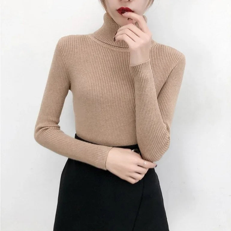 Elegant Turtleneck Women's Sweater Autumn Winter Pullover Slim Bottoming Knitted Tops Casual Long Sleeve Jumper Pull Femme