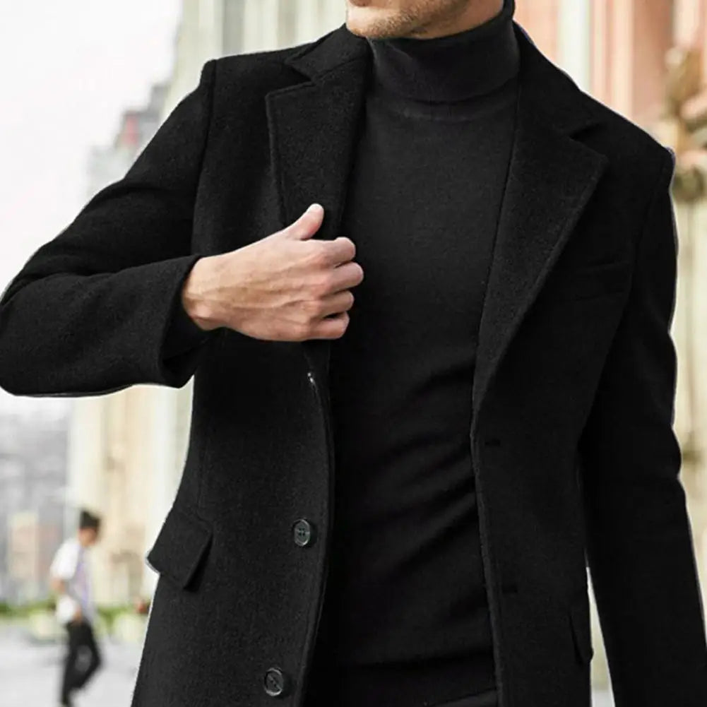 Classic Button-breasted Coat Stylish Men's Winter Suit Coat with Lapel Flap Pockets Single-breasted Mid-length Warm for Cold