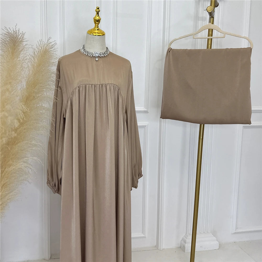 Plain Abaya Muslim Long Dress Women Eid Balloon Sleeve Islamic Robe with Scarf African Dresses Dubai Turkish Modesty Kaftan