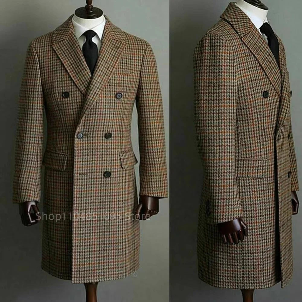 Autumn And Winter Men Wool Brown Houndstooth Overcoat Double-breasted Peak Lapel Warm Long Coat Formal Men Clothing