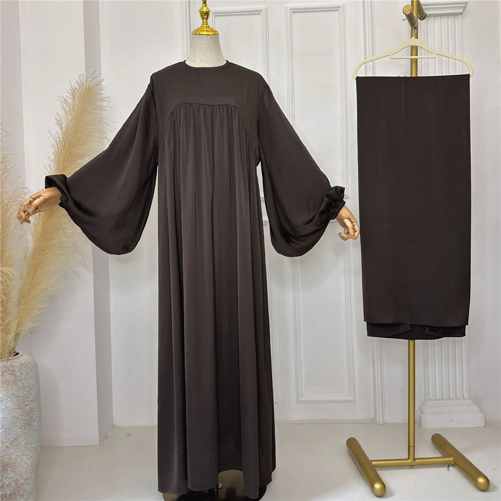 Plain Abaya Muslim Long Dress Women Eid Balloon Sleeve Islamic Robe with Scarf African Dresses Dubai Turkish Modesty Kaftan